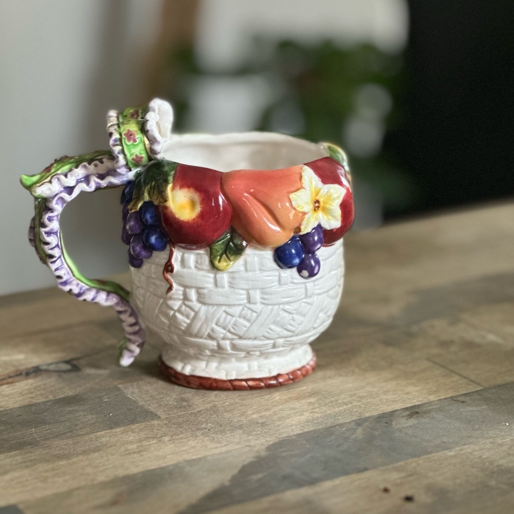 Fruit and flower ceramic mug with ribbon handle